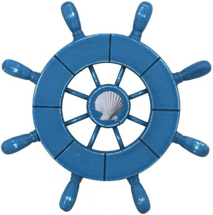 Hampton Nautical Wheel-9-100-seashell Rustic Decorative Ship Wheel with Seashell, 9", Light Blue