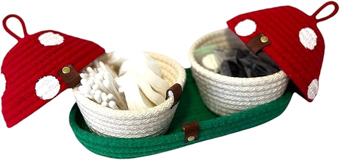 Handmade Mushroom Storage Set–Decorative,Functional Storage for Bathroom,Home Décor,Perfect Gift (Green Grass Basket with 2 Small Mushrooms – Compact and Cute Storage Solution for Any Room)