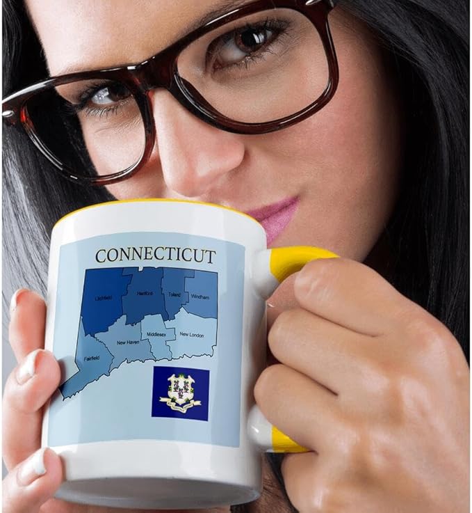 3dRose Flag and map of the state of Connecticut with counties labeled 15oz Two-Tone Yellow Mug
