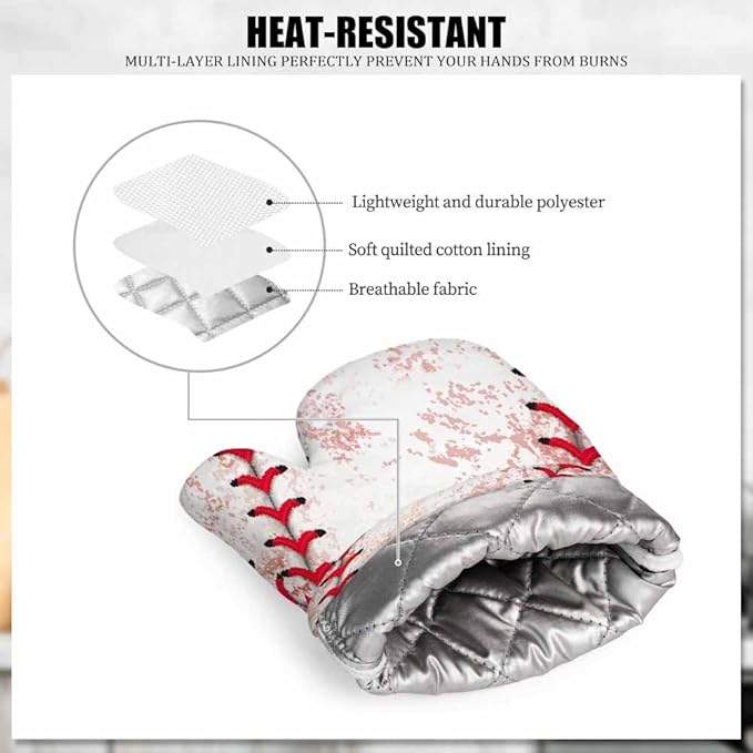 Mxocom Baseball Background Silicone Oven Mitts and Pot Holders Sets BBQ Gloves for Kitchen,Cooking,Baking,Grilling
