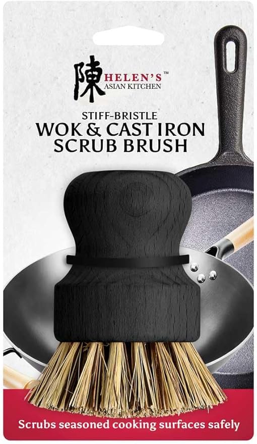 Helen’s Asian Kitchen Wok and Cast Iron Scrub Brush, Natural Stiff-Union Bristles