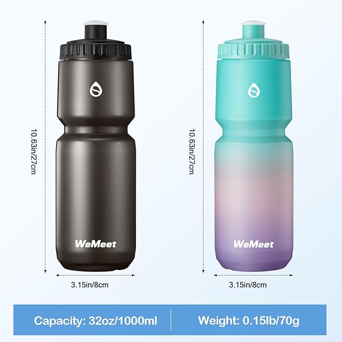 WEMEET Lightweight Cycling Water Bottle 2-Pack, Fits Most Bike Cages, Squeeze Water Bottle for Cycling, Running, Fitness(Black & Green Pink Purple, 32oz)
