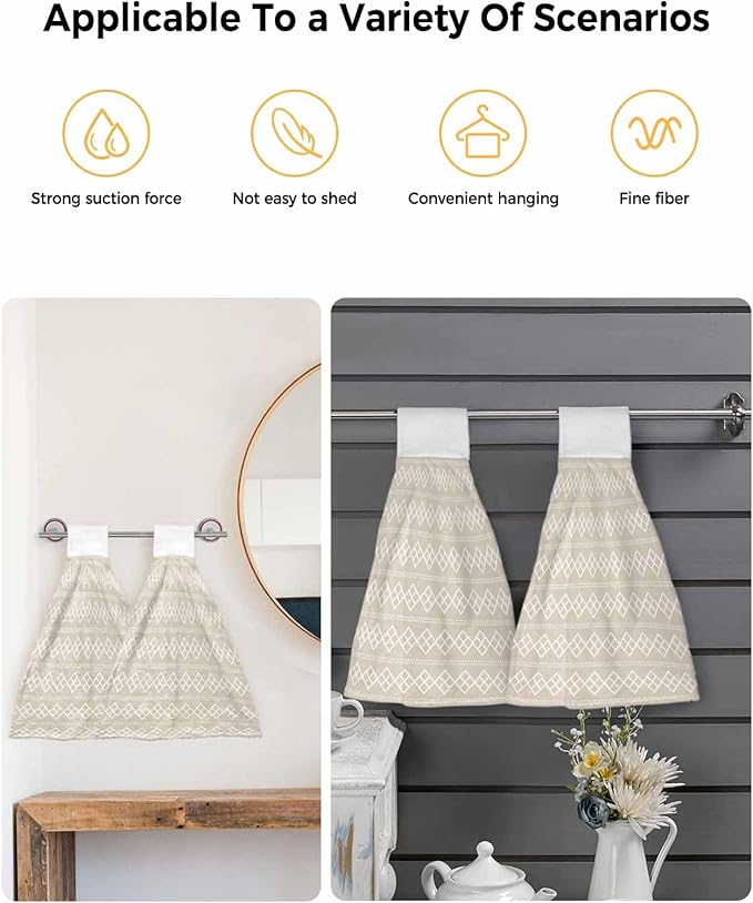 Alandar Home Kitchen Tie Towel Set of 1, Modern Dotted Line Square on Beige Absorbent Soft Hand Towels for Bathroom Hanging Towels, Abstract Geometric Texture Fast Drying Cleaning Cloth with Loop