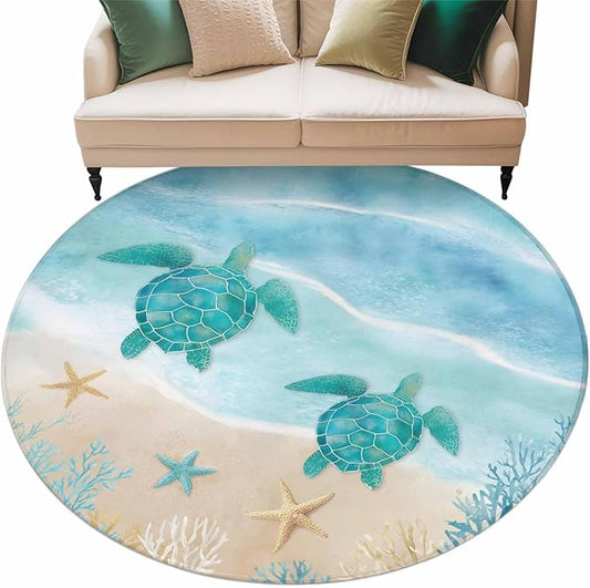 Washable Round Area Rug Sea Turtle Starfish Coral Circle Rugs Floor Carpet for Living Room Bedroom, Summer Seaside Ocean Life Soft Non Slip Round Rug 5ft