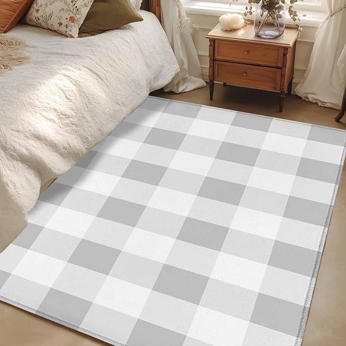 Area Rug 3x5ft, Light Grey White Plaid Washable Rugs for Living Room Bedroom, Farmhouse Decoration Buffalo Check Soft Non-Slip Area Rugs Rectangle Floor Carpet for Dining Room