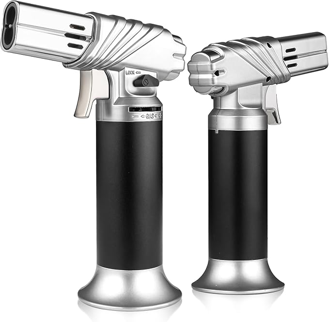 mollie Mini Butane Torch Lighter with Adjustable Flame, Small Refillable Kitchen Cooking Blow Torch for Creme Brulee, Windproof Baking Torch with Safety Lock, Silver 2-Pack (Butane Gas Not Included)