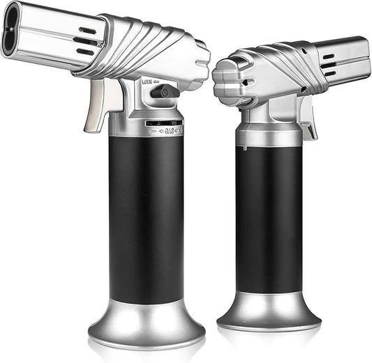 mollie Mini Butane Torch Lighter with Adjustable Flame, Small Refillable Kitchen Cooking Blow Torch for Creme Brulee, Windproof Baking Torch with Safety Lock, Silver 2-Pack (Butane Gas Not Included)