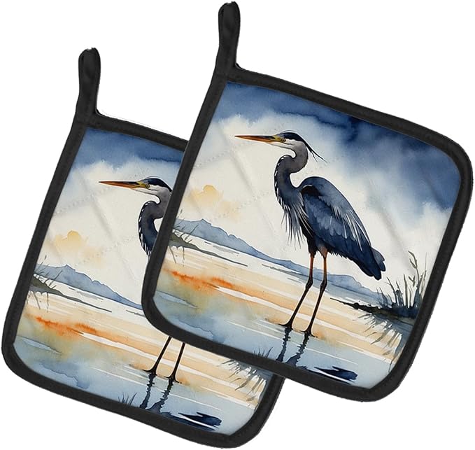Caroline's Treasures Blue Heron Barely Lit Sky Pair of Pot Holders Kitchen Heat Resistant Pot Holders Sets Oven Hot Pads for Cooking Baking BBQ, 7 1/2 x 7 1/2