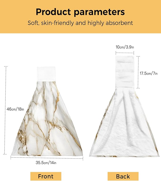Alandar Home Kitchen Tie Towel Set of 1, Abstract Marble Gold Stripe Art Absorbent Soft Hand Towels for Bathroom Hanging Towels, Watercolor Natural White Stone Fast Drying Cleaning Cloth with Loop