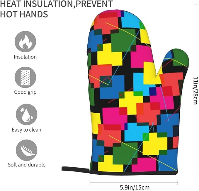 Colored Geometric Square Joined Patterns Oven Mitts of 2-Pack Set, Kitchen Gloves Heat Resistant Non-Slip Kitchen Mitts Safe Cooking Baking Grilling