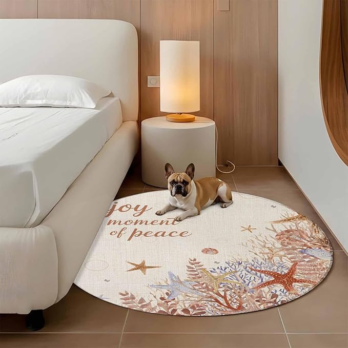 Washable Round Area Rug Orange Marine Starfish Coral Seaweed Circle Rugs Floor Carpet for Living Room Bedroom, Peace Quote on Linen Soft Non Slip Round Rug 3ft