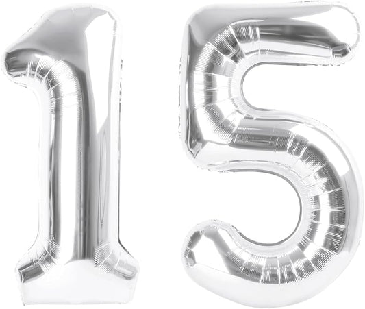 Balloon Number 15, Silver Balloon Numbers for Girls Boys Happy Birthday Frozen Decorations, 40 Inch for 15 51 Graduation Wedding Anniversaries Party