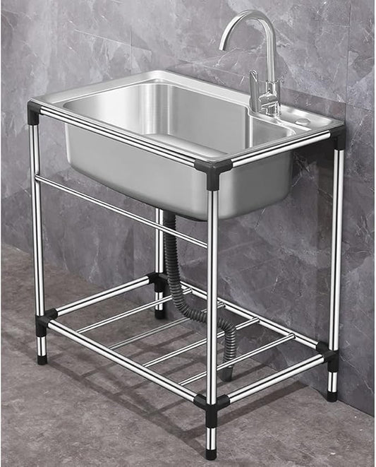 Free Standing Stainless Steel Single Bowl Sink with Faucet, Prep & Utility Washing Hand Basin W/Storage Shelves (Restaurant, Kitchen, Laundry, Garage) (Color : Silver, Size : 68x44cm) (Silver 68x