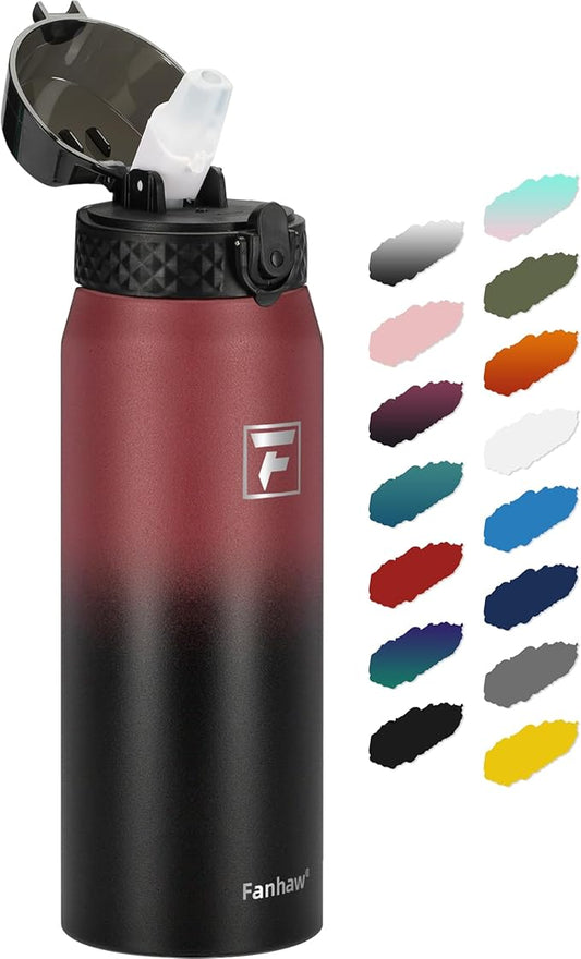 Fanhaw 24 oz Insulated Stainless Steel Water Bottle with Straw Lid, Leakproof & Anti-Dust Sports Bottle for Kids, Women & Men (Red Black)