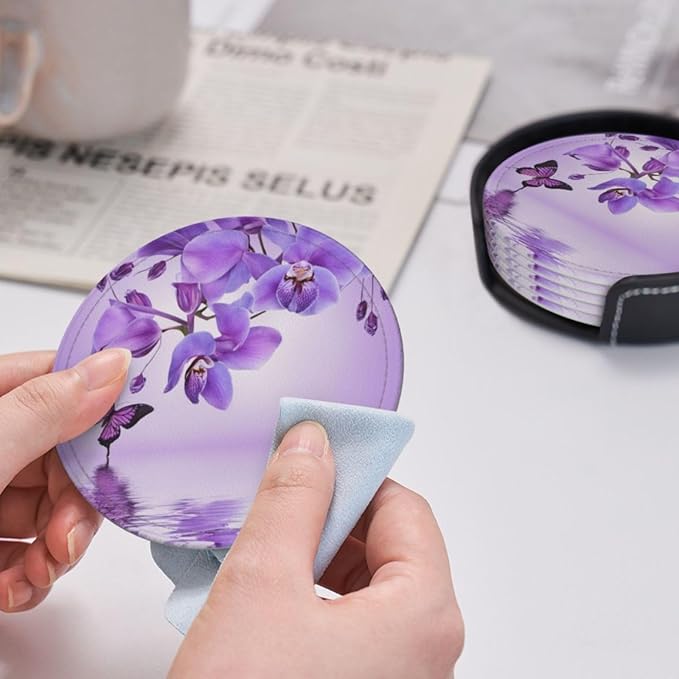 Famame 6 Pcs Orchid Purple Butterfly Leather Coasters for Drinks with Holder Coaster Sets Drink Table Cup Coasters for Living Room Kitchen Coffee Decor