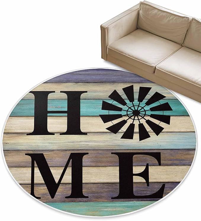 Round Area Rug,Farm Home Windmill Circle Living Room Rug Non-Slip Rugs Indoor Carpet,Farmhouse Vintage Wood Board Soft Comfort Rugs for Bedroom KidsRoom Nursery