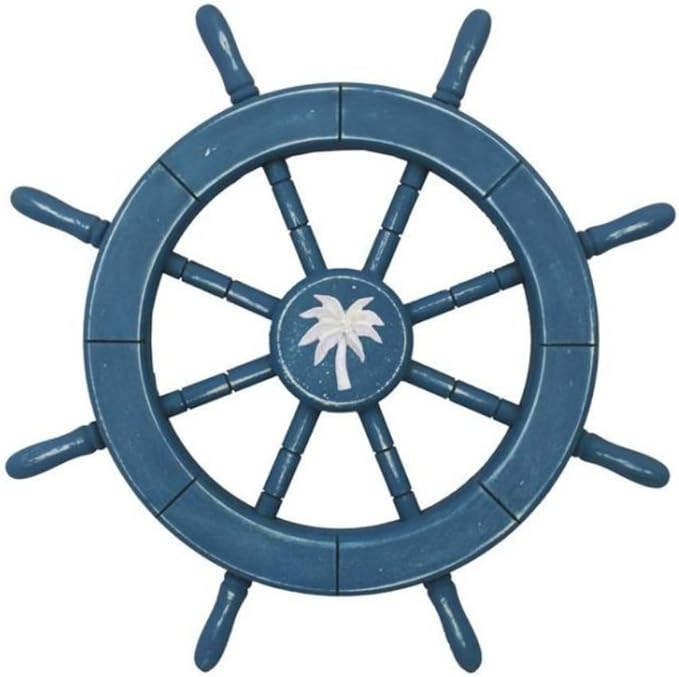 Rustic All Light Blue Decorative Ship Wheel with Palm Tree 18 Inch - Wooden Ship Wheel - Ships Steering