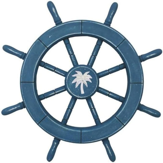 Rustic All Light Blue Decorative Ship Wheel with Palm Tree 18 Inch - Wooden Ship Wheel - Ships Steering