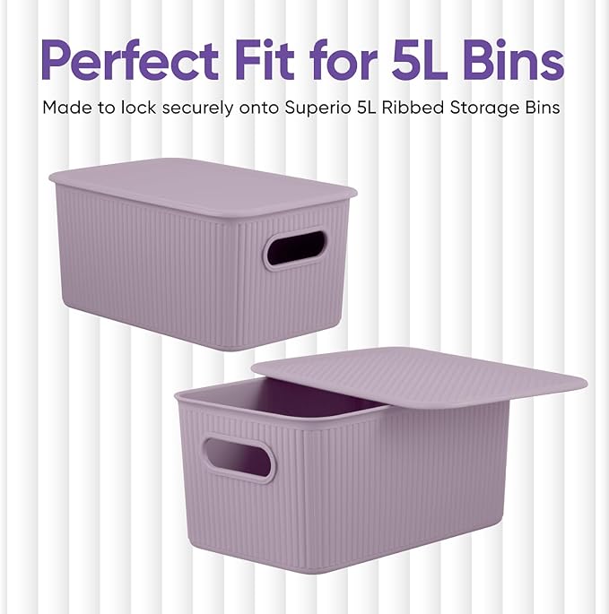 Superio Ribbed Collection - Decorative Plastic Basket Open Home Storage Bins Organizer, Lilac (Parent) Container Boxes for Organizing Closet Storage Bins for Shelves (Lid - Medium (5 Liter), 4 Pack)