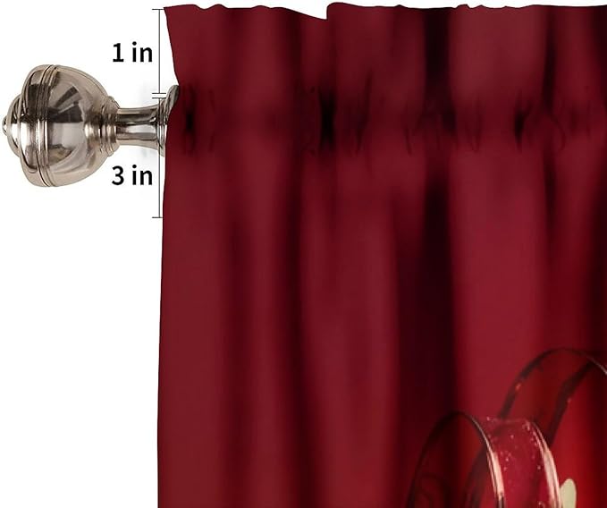 Red Wine Curtain Valance, Romantic Rose Floral Wine Glasses Candle Love Themed Short Window Treatment for Kitchen Dining Date Bedroom Living Room Valentine's Day, 54x18Inch