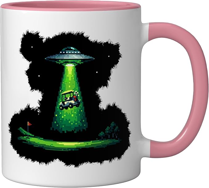 Retro Pixel Art UFO Abducting Golf Cart Funny Alien Golfing Ceramic Mug, Pink/White