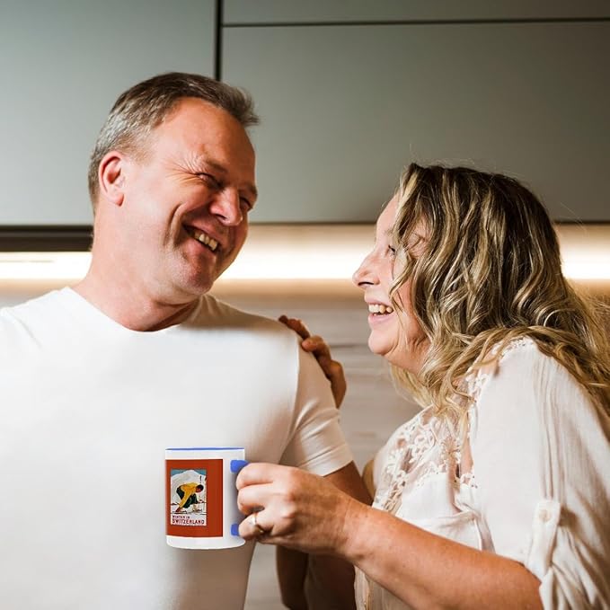 3dRose Winter in Switzerland Man Putting on his Skis Luggage Label 15oz Two-Tone Blue Mug