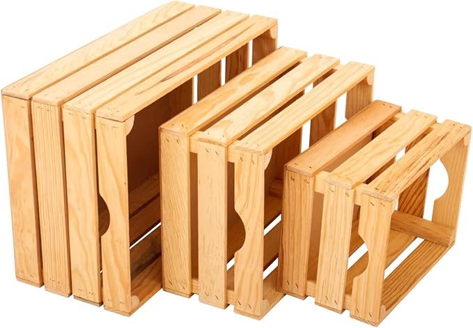 VINTAYARD Rustic Wood Crates for vintage decorative display, Nesting Crate set for storage and farmhouse style decor, wooden boxes made from 100% Wood (Natural Pine, Nested Set of 3)