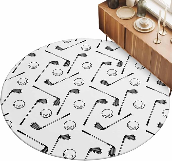 Washable Round Area Rug Golf Club Ball Seamless Pattern Circle Rugs Floor Carpet for Living Room Bedroom, Modern Minimalist Art Soft Non Slip Round Rug 3ft