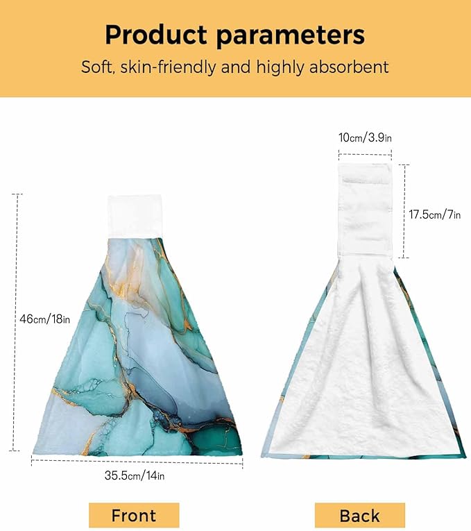 Alandar Home Kitchen Tie Towel Set of 1, Teal Green Turquoise Gold Marble Texture Absorbent Soft Hand Towels for Bathroom Hanging Towels, Abstract Modern Art Fast Drying Cleaning Cloth with Loop