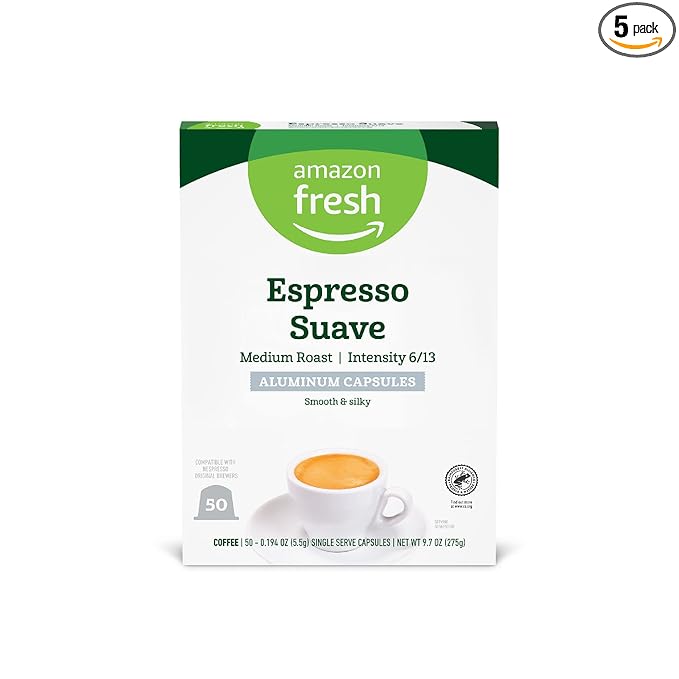 Amazon Fresh Espresso Suave Medium Roast Aluminum Capsules, Compatible with Nespresso Original Brewers, Intensity 6/13, 50 Count (5 Packs of 10)