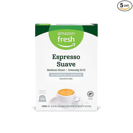 Amazon Fresh Espresso Suave Medium Roast Aluminum Capsules, Compatible with Nespresso Original Brewers, Intensity 6/13, 50 Count (5 Packs of 10)