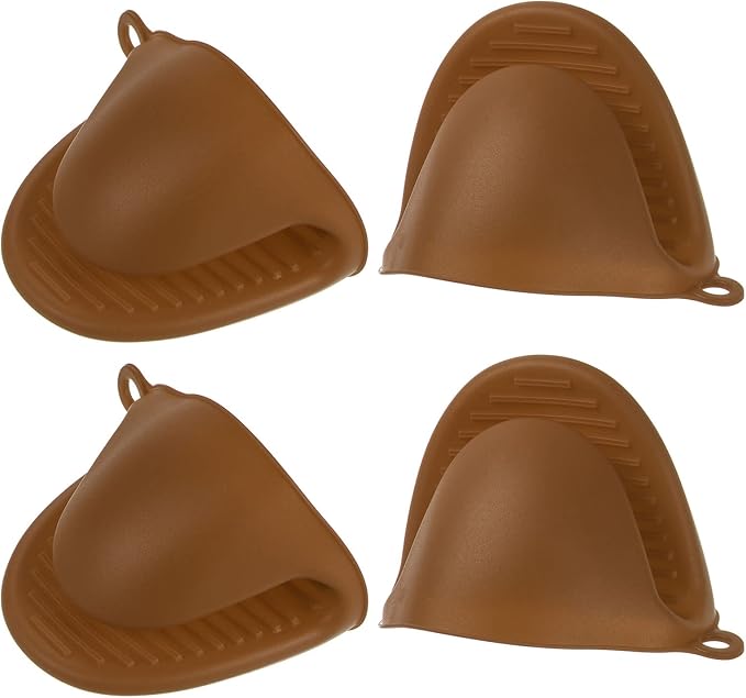 HARFINGTON 4pcs Thickened Mini Oven Gloves, Heat Resistant Silicone Oven Mitts Finger Pinch Grips Pot Holder for Kitchen, Cooking, Baking, BBQ Heat Resistant Gloves, Brown