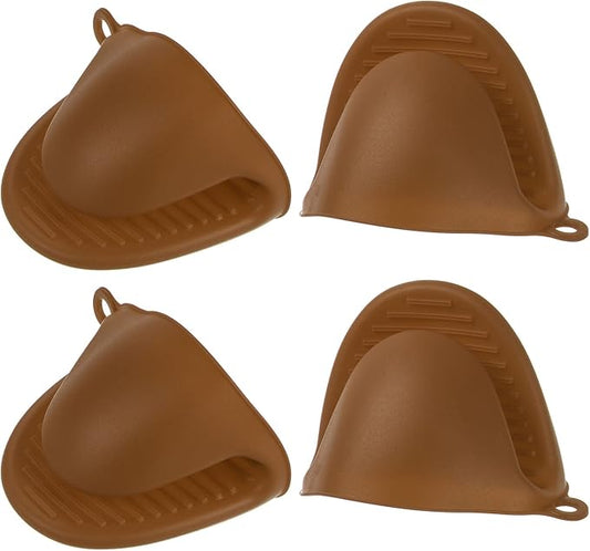 HARFINGTON 4pcs Thickened Mini Oven Gloves, Heat Resistant Silicone Oven Mitts Finger Pinch Grips Pot Holder for Kitchen, Cooking, Baking, BBQ Heat Resistant Gloves, Brown