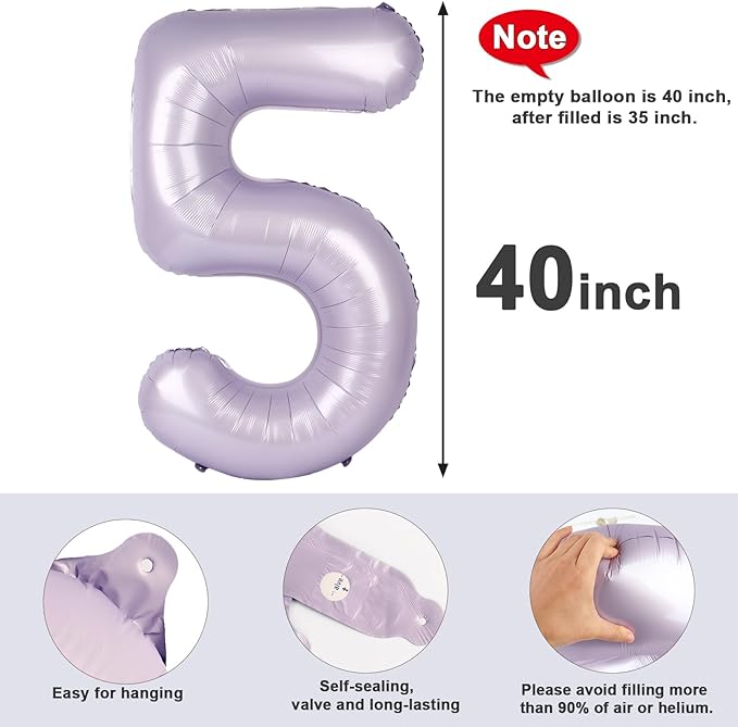 Balloon Numbers 40 Inch 5 Ballon for 5th Birthday Decorations, 15 25 35 50 Big Cream Purple Number Balloons for Wedding Photo Shoot Party Decor