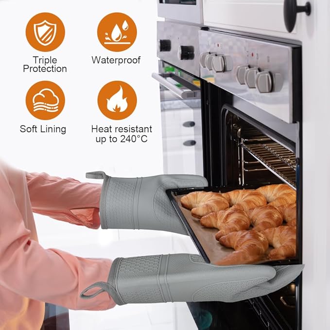 AUAUY Oven Mitts with 2 Potholders, Silicone Oven Gloves Heat Resistant 464°F, Non-Slip Silicone BBQ Gloves, Waterproof Cooking Gloves, Oven Gloves for Barbecue Kitchen Baking Microwave, Grey