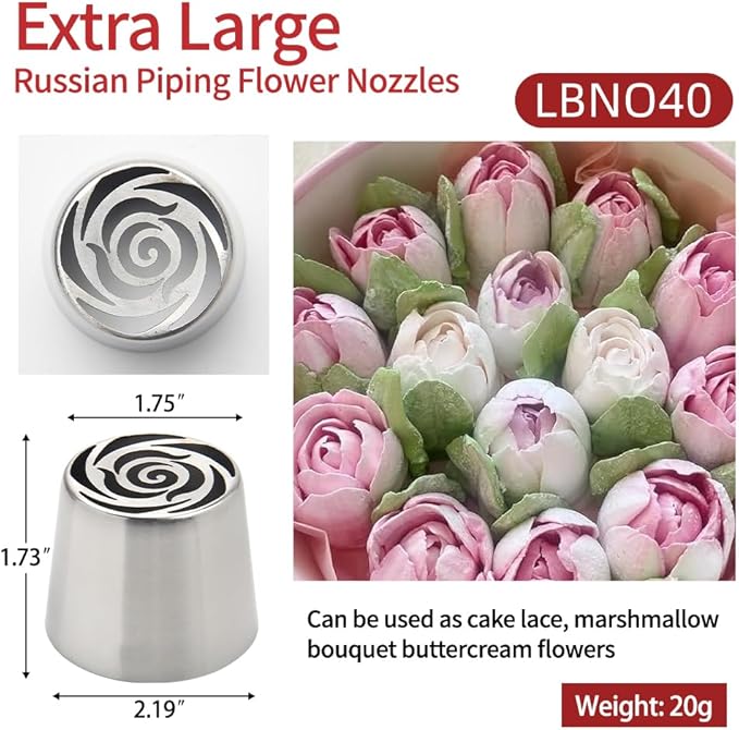 Extra Large Russian Piping Tip Set - 6 Stainless Steel Marshmallow Buttercream Framing Nozzles for 3D Roses Tulip Cake Decorations and Marshmallow Bouquets, Includes 1 Cleaning Brush(6B)