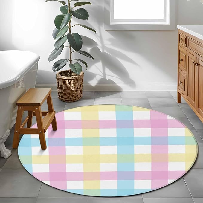 Washable Round Area Rug Spring Easter Colorful Lattice Circle Rugs Floor Carpet for Living Room Bedroom, Minimalist Buffalo Checker Soft Non Slip Round Rug 3ft