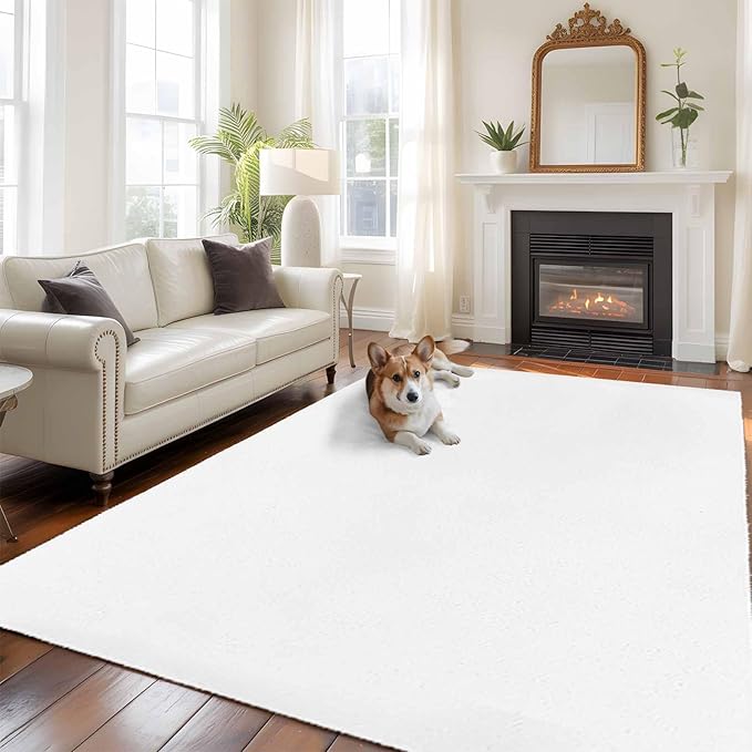 Area Rug 6x9ft, Pure White Washable Rugs for Living Room Bedroom, Minimalist Solid Color Soft Non-Slip Area Rugs Rectangle Floor Carpet for Dining Room