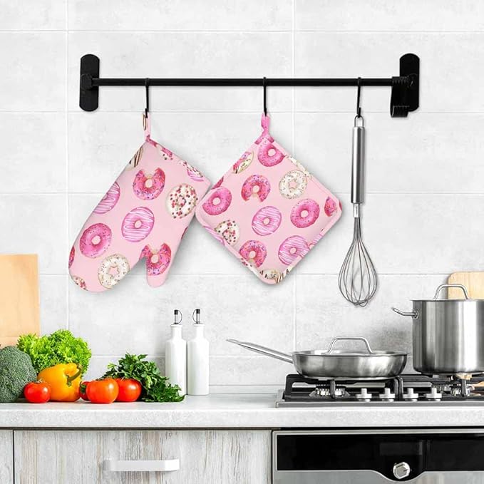 Mxocom Watercolor Donuts Silicone Oven Mitts and Pot Holders Sets Pink Donuts Background BBQ Gloves for Kitchen,Cooking,Baking,Grilling