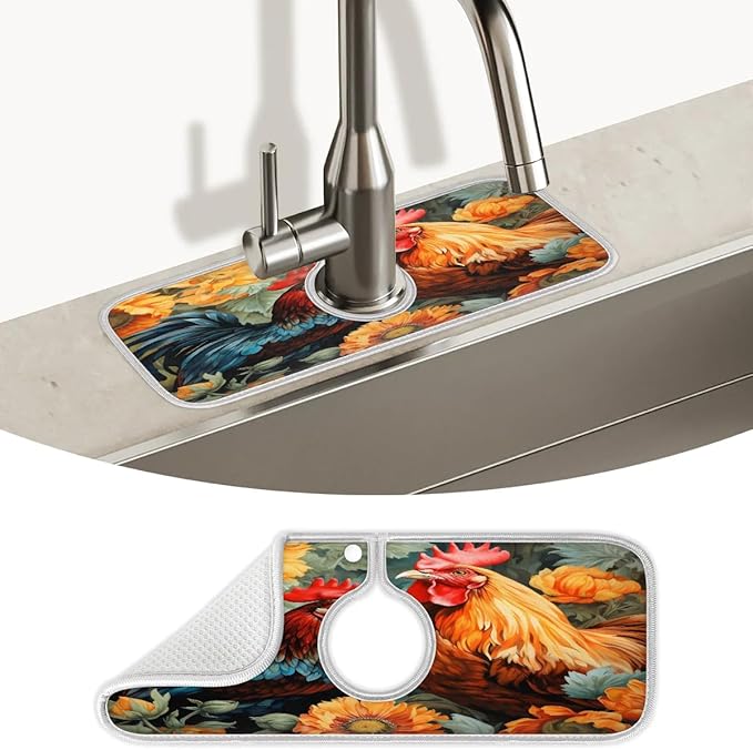 Farmhouse Vintage Rooster Sink Mat for Kitchen Faucet Absorbent Microfiber Faucet Mat Washable Sink Water Splash Guard Drip Catcher for Faucet