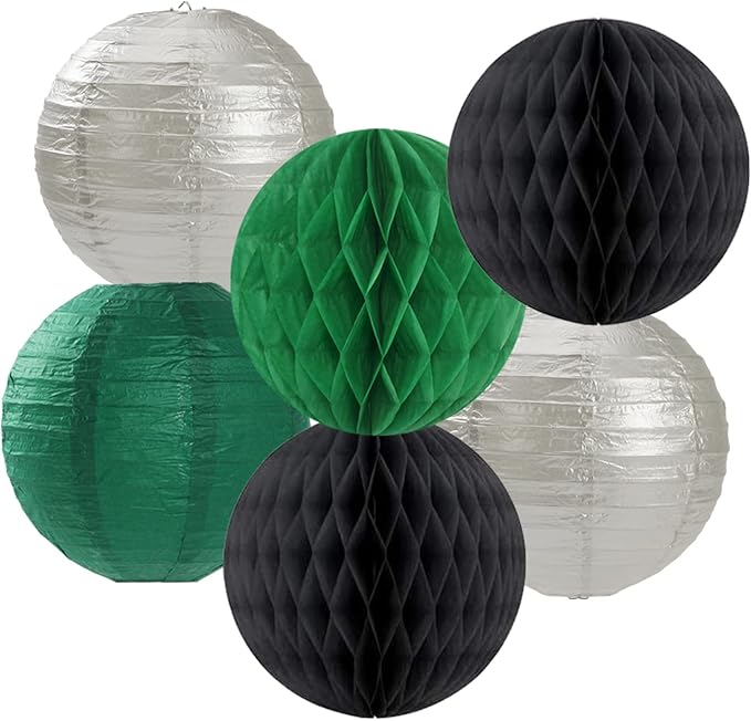 Black-Green Silver Party-Decorations Streamers Lanterns - 14pcs Graduation 2026 Paper Lanterns Fan,Tissue Pom Poms Streamer,Honeycomb Balls,Soccer Supplies Men Boys Birthday Baby Shower Decor Ouruola