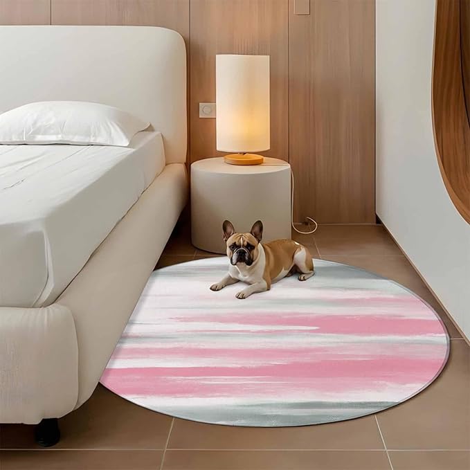 Washable Round Area Rug Pink Grey Mottled Texture Seamless Circle Rugs Floor Carpet for Living Room Bedroom, Gradient Abstract Art Soft Non Slip Round Rug 5ft