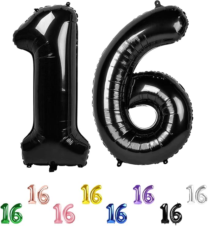 Black Number 16 Balloon, Number Balloons for Boys Girls, 40 Inch 61 Balloons for Birthday, Anniversaries, Big Events, School Class Party