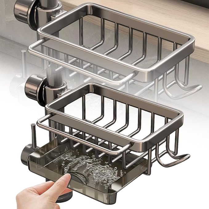 Kitchen Sink Faucet Organizer, 2024 Upgraded Dish Sponge Holder Over Faucet Kitchen Sink Caddy Organizer with Hook for Bathroom, Scrubbers, Soap, Work With 0.7-1.1inch Round Water Pipe (Gray, Right)