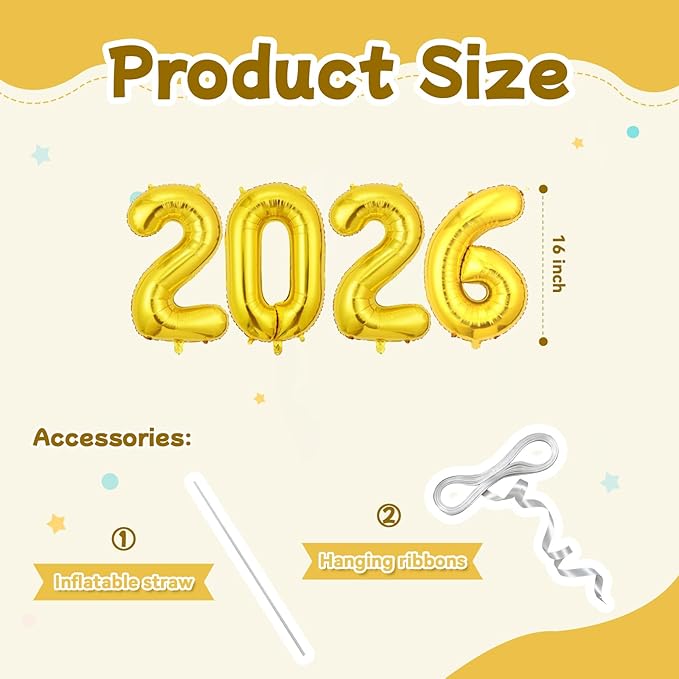 Gold 2026 Balloons, 16 Inch Foil 2026 Number Balloons, Grad Balloons for Class of 2026 Graduation Party, Gold Matellic Foil New Year Birthday Home Office Party Supplies