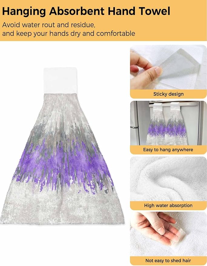 Alandar Home Kitchen Tie Towel Set of 2, Abstract Purple Grey Graffiti Absorbent Soft Hand Towels for Bathroom Hanging Towels, Modern Minimalist Art Fast Drying Cleaning Cloth with Loop