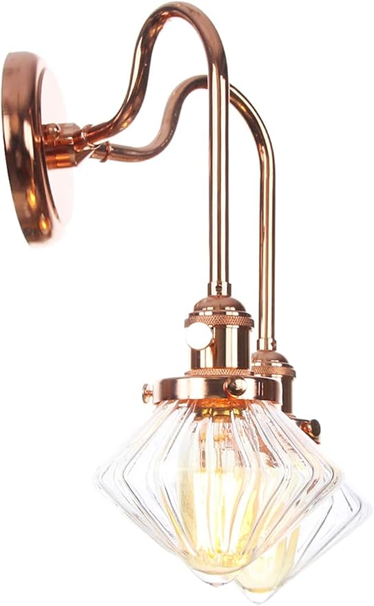 Wall Lamps with Switch, 2-Lights Rose Gold Bathroom Vanity Lights Wall Mounted Lighting Clear Glass Lampshade Wall Sconces(Color:C)