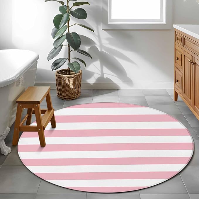 Washable Round Area Rug Pink White Stripe Circle Rugs Floor Carpet for Living Room Bedroom, Classic Geometric Line Soft Non Slip Round Rug 4ft
