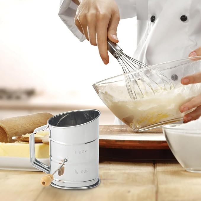 Mrs. Anderson's Baking Hand Crank Flour Sifter, Stainless Steel, 1-Cup Capacity, For Breaking Up Clumps And Aerating Flour And Powdered Sugar
