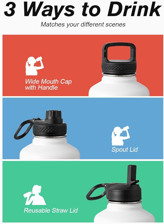Coolflask Half Gallon Water Bottle Insulated with Straw & 3 Lids, 64 oz Water Jug Large Metal Stainless Steel Wide Mouth for Sports, Gym or Office, Non-BPA Keep Cold 48H Hot 24H, White & Black